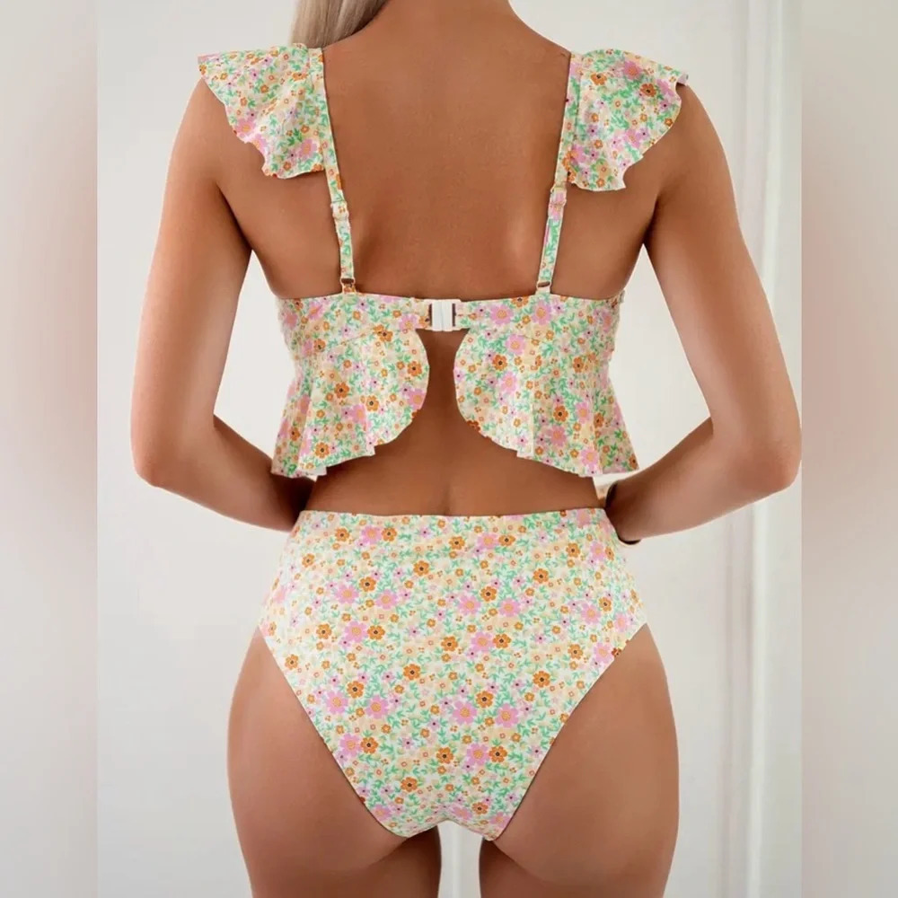 Floral Flutter Bikini Set High Waisted Ruffle Top Spring Swim NWT - Picture 3 of 3